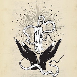 May include: Black and white illustration of a candle with smoke swirling around it, held in two hands. The candle is surrounded by a sunburst design. The text "Occult Spells" is at the top of the image and "frederick hockley" is at the bottom.