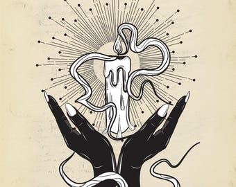 Może przedstawiać: Czarno-biała ilustracja świecy z dymem wirującym wokół niej, trzymanej w dwóch dłoniach. Świeca jest otoczona wzorem promieni słonecznych. Tekst "Occult Spells" znajduje się u góry obrazu, a "frederick hockley" u dołu.