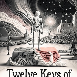 May include: A skeletal figure stands on a platform with a red and white striped surface. The figure is looking up at a starry night sky with fireworks exploding in the distance. The text "Twelve Keys of Basil Valentine" is written below the platform.