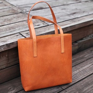 Classy Hand Stitched Tan caramel leather tote bag