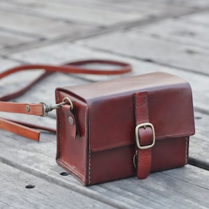 Dark brown classy hand stitched leather camera case