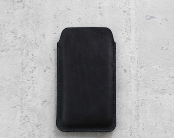 Handmade black natural genuine leather iphone sleeve pouch case Custom Initials