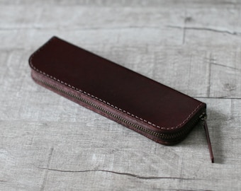 Dark brown classic cow hide leather pencil case