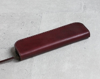 Burgundy classic slim vegetable tanned leather pencil case / zipper pencil pouch