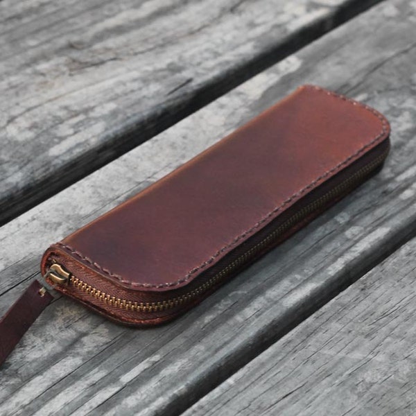 Nude Color/ dark brown cow hide Leather Pencil Case