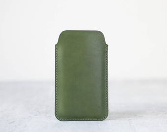 Olive green iPhone handmade genuine leather sleeve pouch case