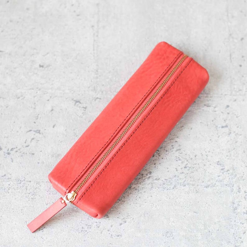 Coral pink classy minimal leather pencil case/zipper pen pouch image 2