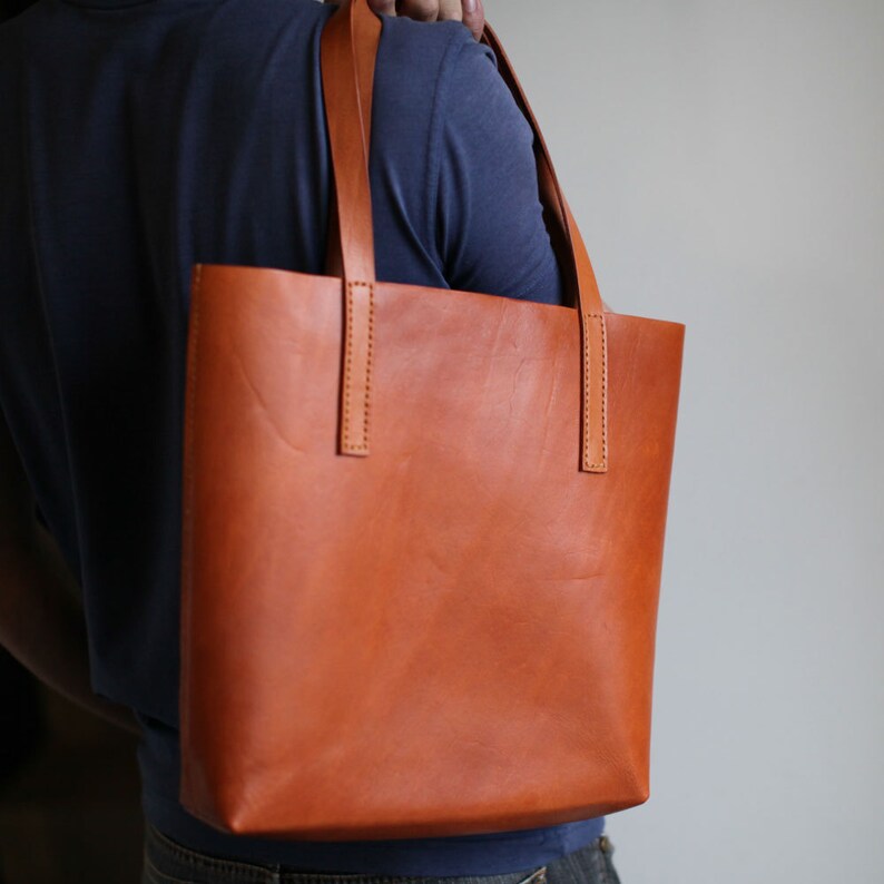 Classy Hand Stitched Tan Caramel Leather Tote Bag Etsy
