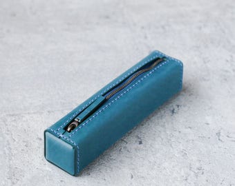 Turquoise classy square veg-tanned leather pencil case/pen pouch