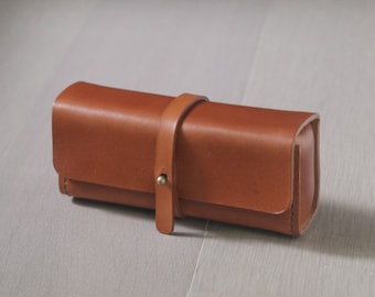 Brown vegetable tanned leather vintage pencil case/pen pouch/ sunglasses case