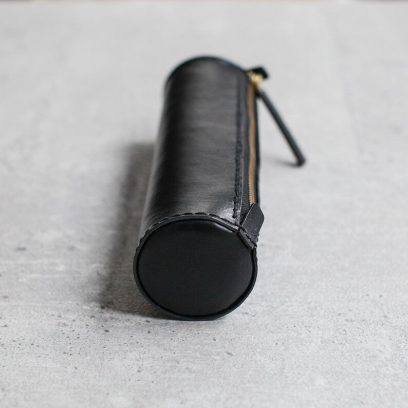 Black handmade cylinder leather Pencil Case/Pen Pouch | Etsy