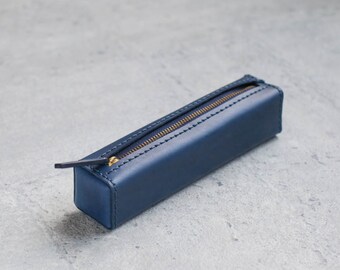 Navy blue classy square veg-tanned leather pencil case/pen pouch