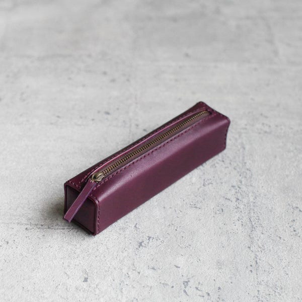 Dark grape purple classy square veg-tanned leather pencil case/pen pouch