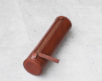 Brown handmade cylinder leather pencil case/zipper pen Pouch