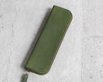 Green vegetable tanned cow hide leather pencil case