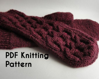 PDF Knitting Pattern: Morgandy Mittens, cabled mittens in sport/DK weight yarn