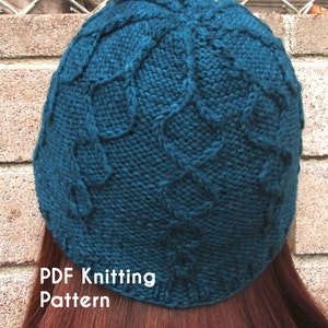 PDF Knitting Pattern: Helix Beanie, worsted-weight, cabled, top-down hat