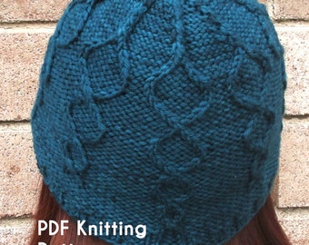 PDF Knitting Pattern: Helix Beanie, worsted-weight, cabled, top-down hat