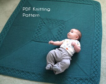 May include: A teal blue knitted baby blanket with a decorative border and a diamond pattern in the centre. The text "PDF Knitting Pattern" is written in white on the blanket.