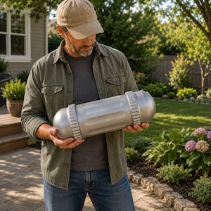 May include: A cylindrical silver storage container with a smooth central body and two textured, ridged end caps. The container features a matte metallic finish and a rounded, dome-shaped design on both ends, held horizontally in a neutral position.