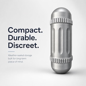 May include: A cylindrical silver metal storage container with rounded ends and textured grip rings. The text reads: Compact. Durable. Discreet. Weather-sealed storage built for long-term peace of mind. The object has a smooth, metallic finish.