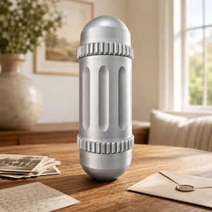 May include: A cylindrical silver metal object with a smooth, rounded top and bottom. The central section features vertical recessed grooves, flanked by two textured, gear-like rings with notched edges. The surface has a matte, metallic finish.