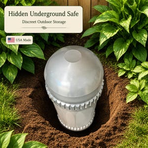 May include: A cylindrical underground safe with a smooth, translucent dome lid and a textured, gear-like ring at the top. The container is partially buried in soil. Text on the image reads: Hidden Underground Safe, Discreet Outdoor Storage, USA Made.