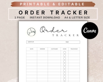 Rastreador de pedidos on-line, modelo Canva de pedido de compra, rastreador de vendas Etsy para impressão, modelo editável de livro de formulário de pedido comercial