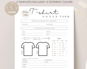 Modelo de formulário de pedido de camiseta em Canva, formulários de pedido de camisa personalizados simples para impressão para pequenas empresas