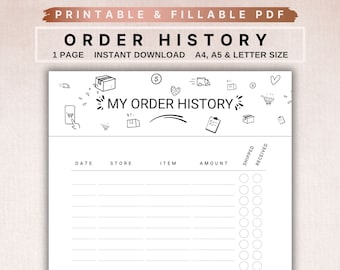 Modelo de minhas compras e histórico de pedidos, rastreador de pedidos de compra, visualizar meus pedidos, inserção de planejador carta A4 A5, planejador de pedidos para impressão