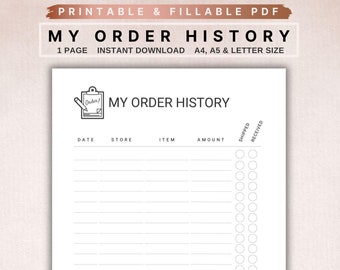 Rastreador de histórico de pedidos, registro de compras imprimível (PDF preenchível)