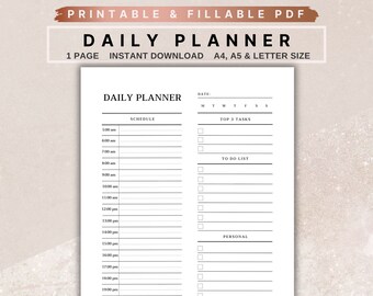 Planejador diário minimalista, cronograma por hora, lista de tarefas (PDF para impressão)