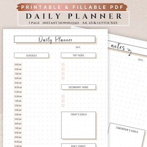 Può includere: Un planner giornaliero stampabile con sfondo bianco e testo nero. Il planner include sezioni per l'orario, le attività principali, le attività secondarie, gli obiettivi di oggi, non dimenticare e note. C'è anche una sezione per gli obiettivi di domani.