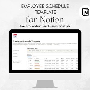 May include: A screenshot of a computer screen showing a Notion template for an employee schedule. The template includes a table with columns for employee name, job title, dates, times, and other information. The text "Employee Schedule Template" is displayed at the top of the screen.