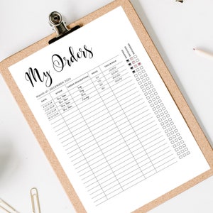 K&ouml;nnte beinhalten: Eine druckbare Checkliste zur Nachverfolgung von Bestellungen. Die Checkliste enth&auml;lt Spalten f&uuml;r Datum, Gesch&auml;ft, Bestellbeschreibung, Preis, Sendungsverfolgungsnummer, versandt, erhalten und erstattet. Die Checkliste tr&auml;gt den Titel "Meine Bestellungen" und ist f&uuml;r den Monat Dezember 2024.