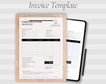 Modelo de fatura de construção, editável no Canva e preenchível em PDF para empreiteiros, formatos A4 e Carta (EUA).
