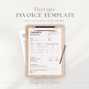May include: A therapy invoice template on a wooden clipboard with a black pen. The invoice includes sections for billing details, service descriptions, and payment information. The text "Therapy Invoice Template" is at the top.