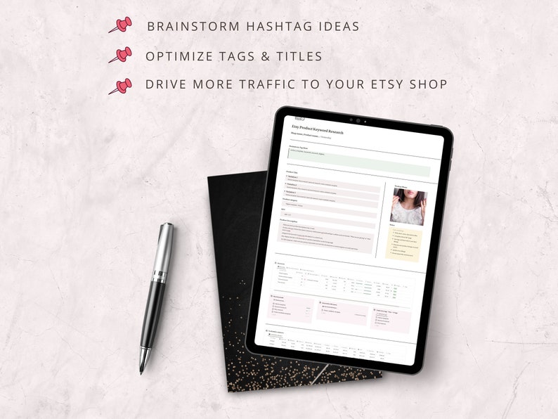 May include: A tablet screen displaying a worksheet titled "Etsy Product Keyword Research". The worksheet includes sections for listing title, tags, and competitor analysis. The worksheet is designed to help Etsy sellers optimise their listings for search engines.