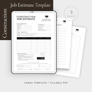 Może przedstawiać: Cyfrowy szablon kosztorysu budowlanego na tablecie z dodatkowymi stronami. Szablon zawiera pola na informacje o kliencie, opis projektu oraz warunki. Tekst "Job Estimate Template" znajduje się na górze.