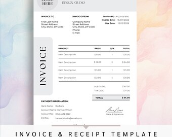 Modelo de fatura para download, modelo de fatura e recibo personalizável no Canva, modelo de fatura profissional, formulário de cobrança moderno