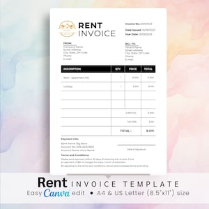 Może przedstawiać: Czarno-biały szablon faktury za czynsz z tekstem "Szablon faktury za czynsz" na dole. Faktura zawiera opis czynszu i mediów, ilość, cenę i łączną kwotę. Faktura zawiera również informacje o płatności, warunki i miejsce na podpis.