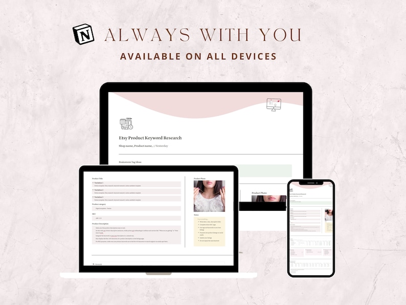 May include: A screenshot of a website displaying a worksheet titled "Etsy Product Keyword Research". The worksheet is divided into sections for product title, product description, and product tags. The website is shown on a laptop, tablet, and smartphone, demonstrating that the website is accessible on all devices.