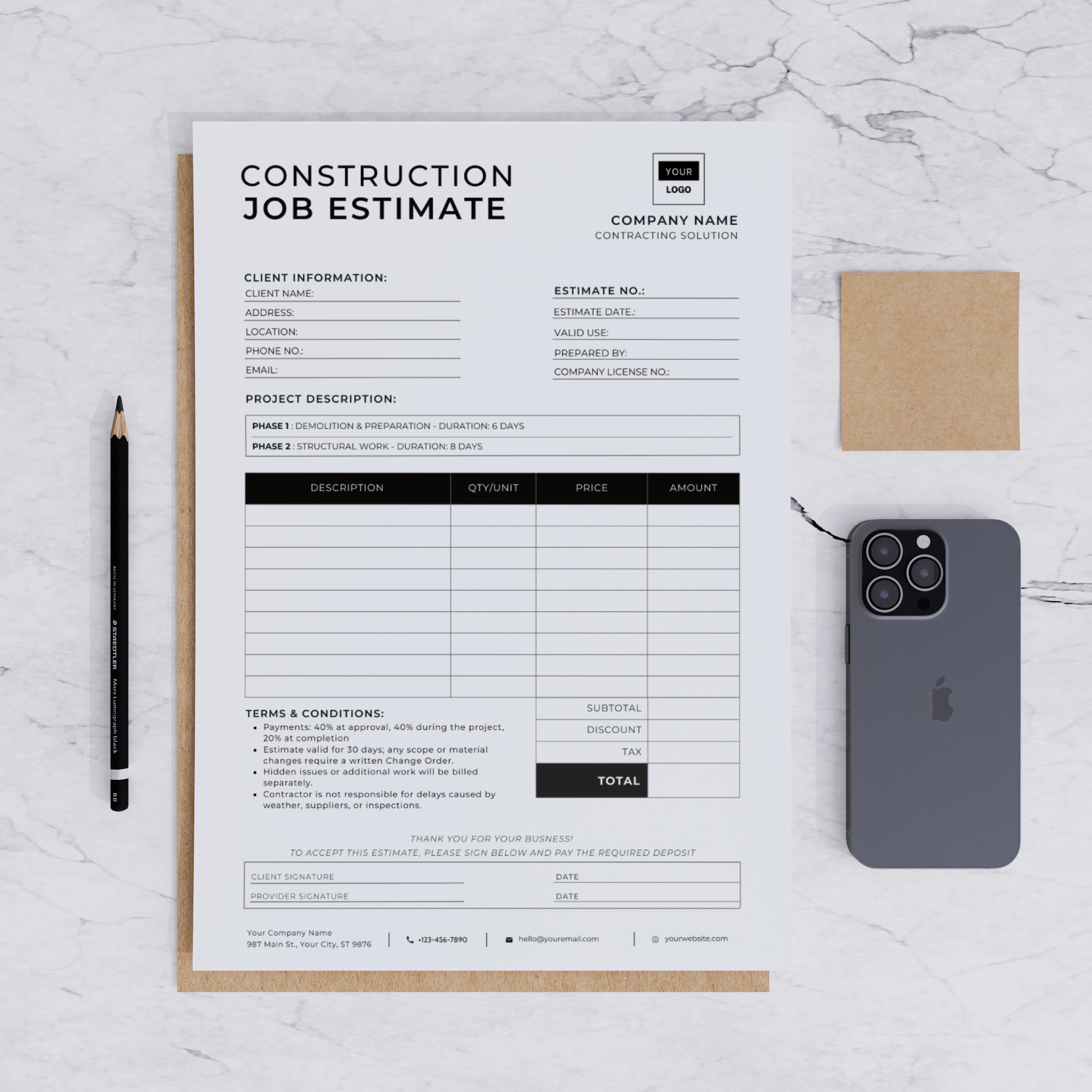 Construction Job Estimate Template | Editable Canva and Fillable PDF ...