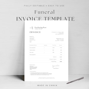 May include: A white funeral invoice template with the text "Funeral Invoice Template". The invoice includes sections for customer details, service descriptions, and payment options. A pen rests on the surface.