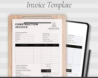 Construction Invoice Template, Editable Canva and Fillable PDF Invoice for Contractors, A4 and US Letter