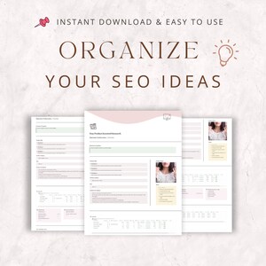 May include: A printable worksheet to help organise SEO ideas for Etsy listings. The worksheet includes sections for keyword research, product descriptions, and competitor analysis.