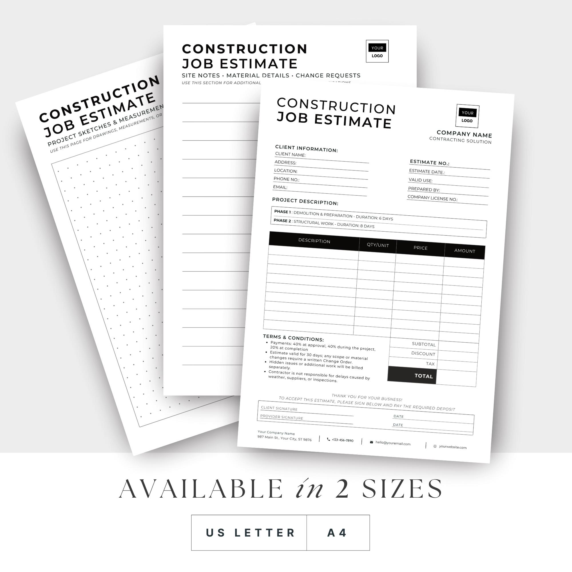 Construction Job Estimate Template | Editable Canva and Fillable PDF ...