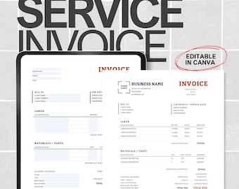 Service Invoice Template, Editable Small Business Invoice, Fillable PDF, Canva Invoice Form, Contractor Billing Template