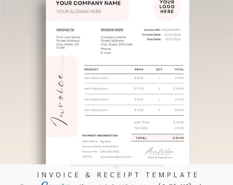 Modelo de fatura minimalista rosa, recibo editável (Canva, A4 e Carta Americana)