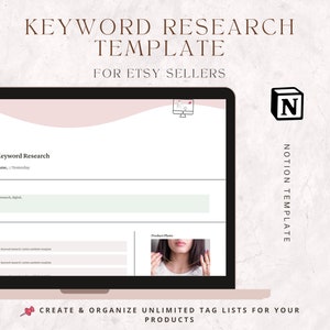 May include: A screenshot of a Notion template for Etsy sellers to use for keyword research. The template includes fields for shop name, product name, brainstorming tag ideas, product title, and variations. The template is designed to help Etsy sellers create and organize unlimited tag lists for their products.